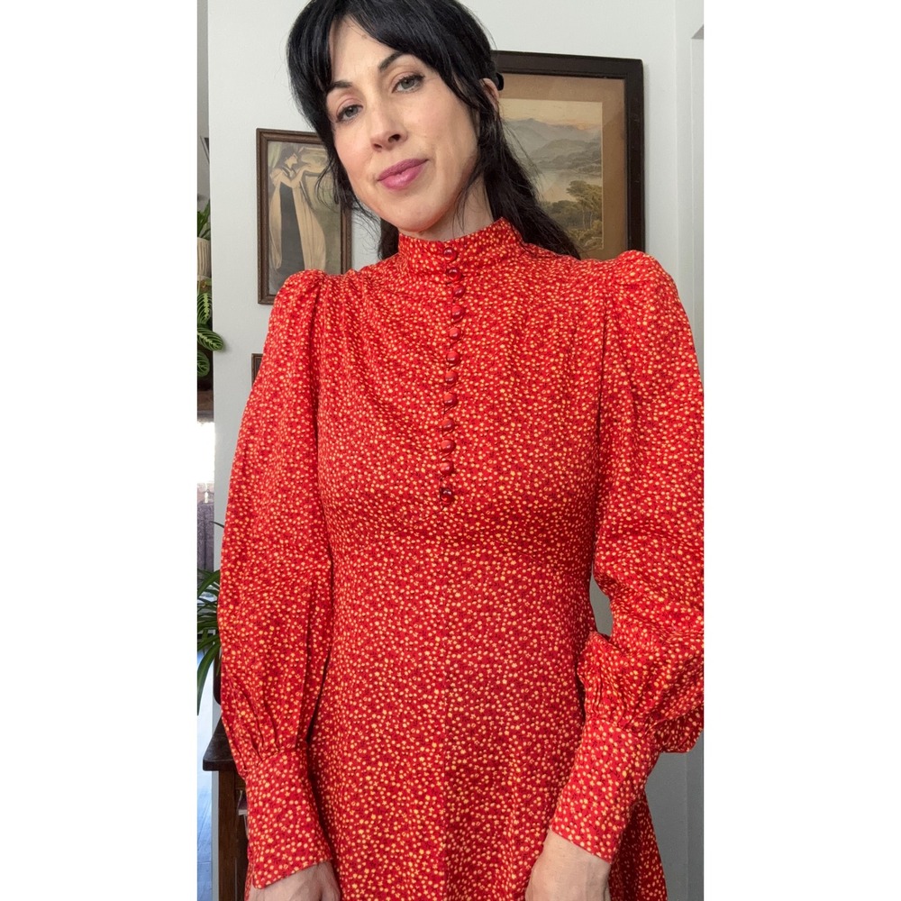 Vintage 70s Prairie Calico floral Print bishop Sleeve Dress Red Yellow - Picture 5 of 10